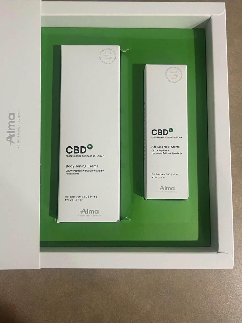 NIB Alma CBD+ Professional Skincare Body Firming Kit | Body + Neck Cream Set